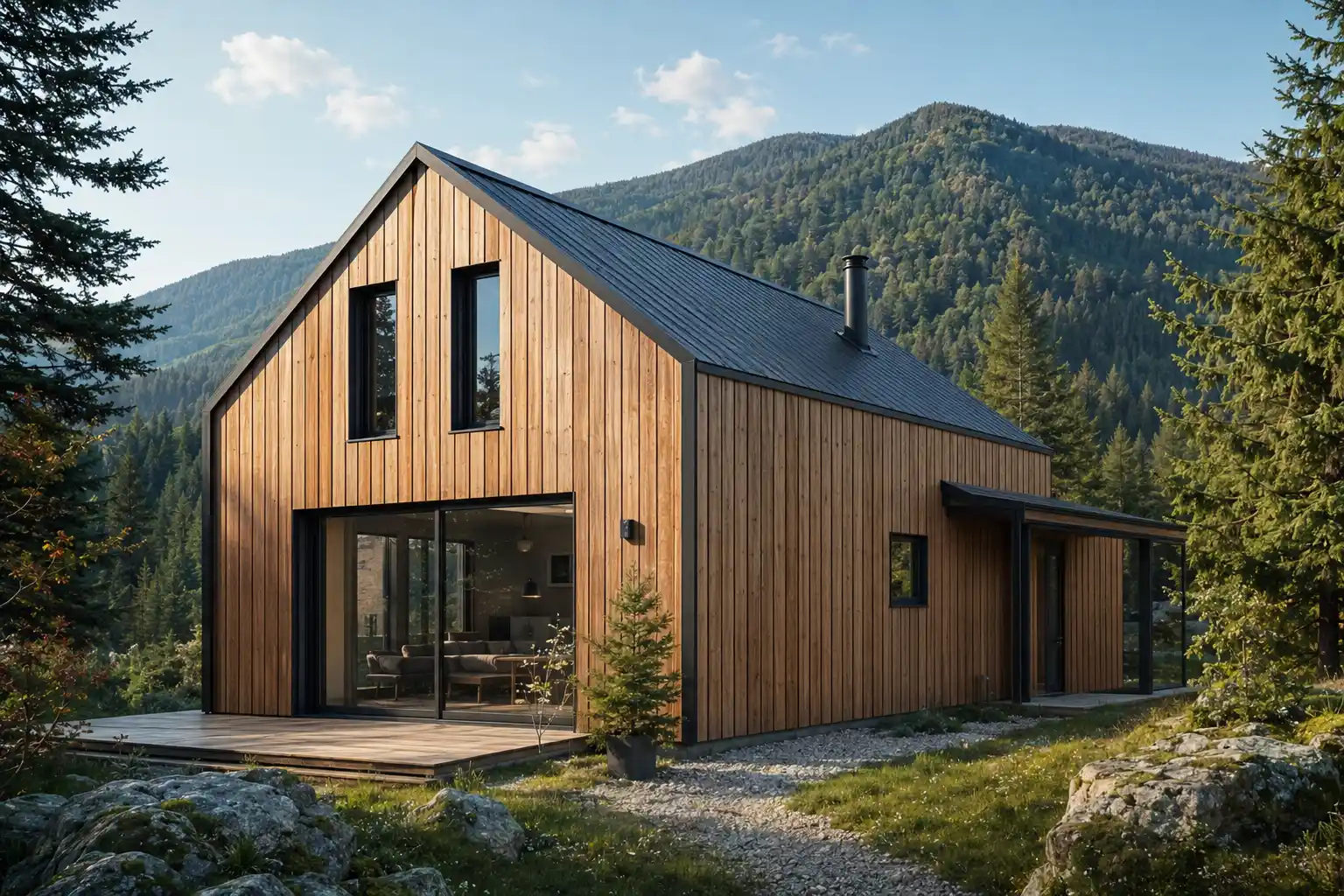 Maison avec bardage bois en environnement naturel