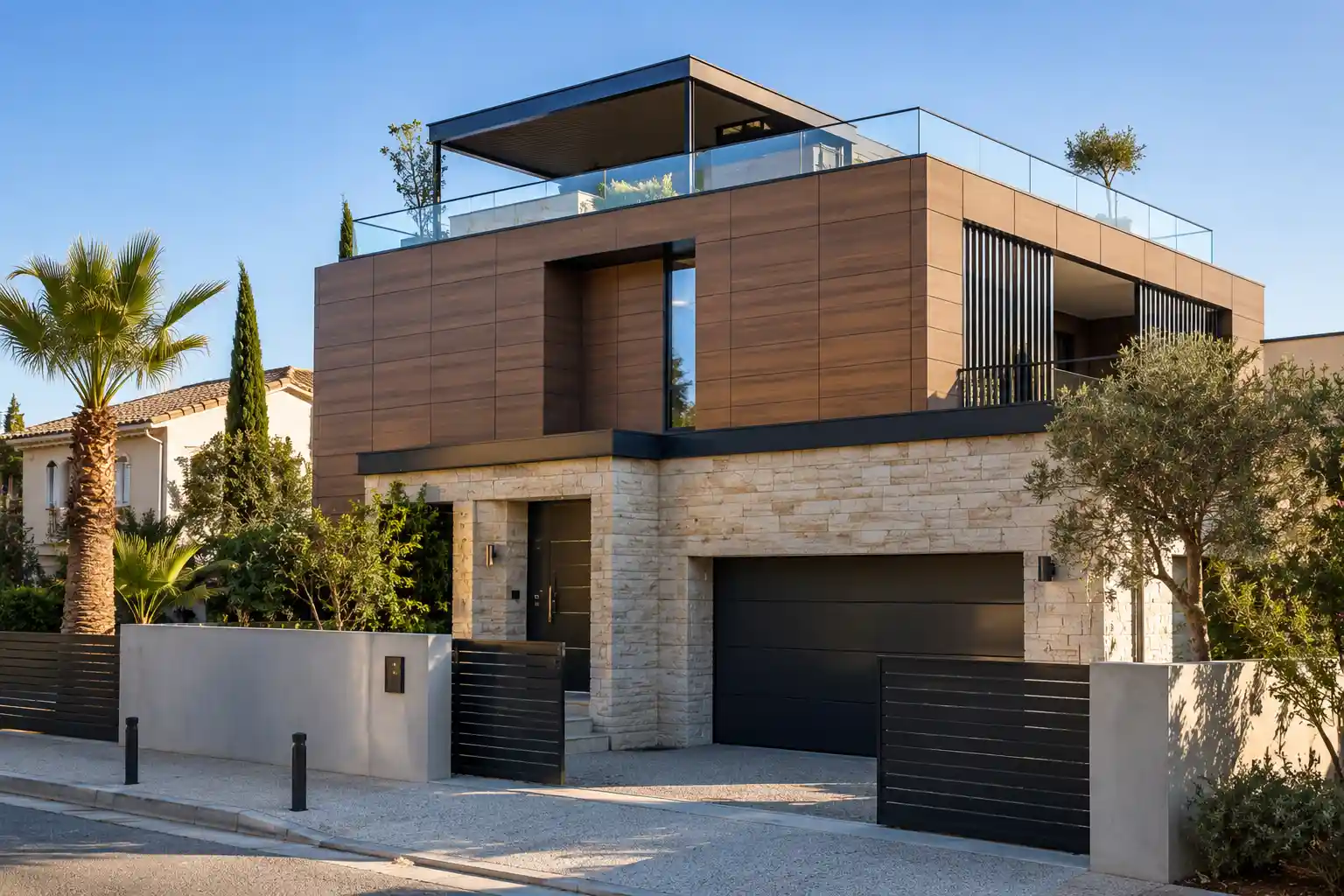 Maison moderne avec bardage composite et pierre